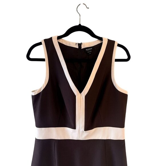 Worth New York Sleeveless V-Neck Colorblock Sheath Dress Brown Cream Size 12 - Picture 4 of 7
